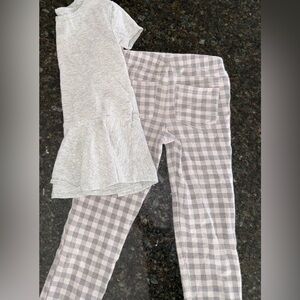 Girls 4T gray and plaid outfit ruffled T-shirt and gray plaid pants.
